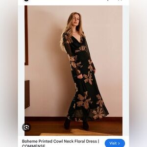 Commense Black Floral Long Sleeve Cowl Neck Maxi Dress